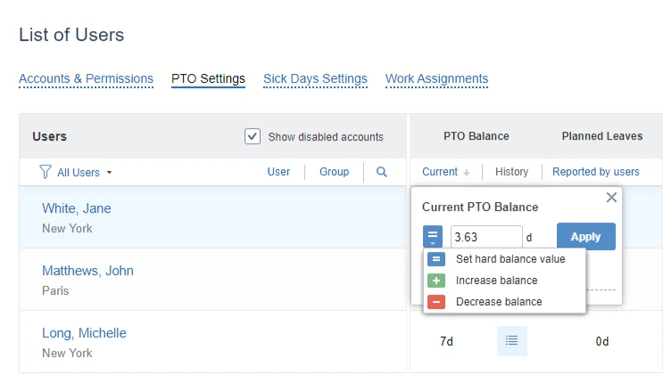 PTO Settings, actiTIME