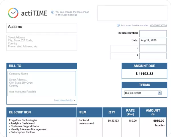 Customized PDF invoice in actiTIME