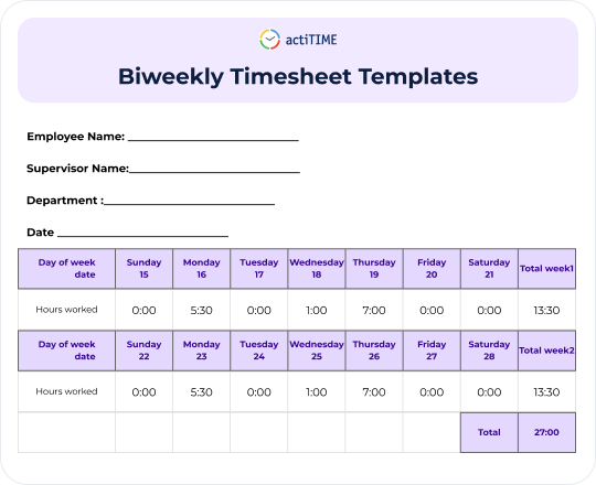 Biweekly Timesheet Templates preview