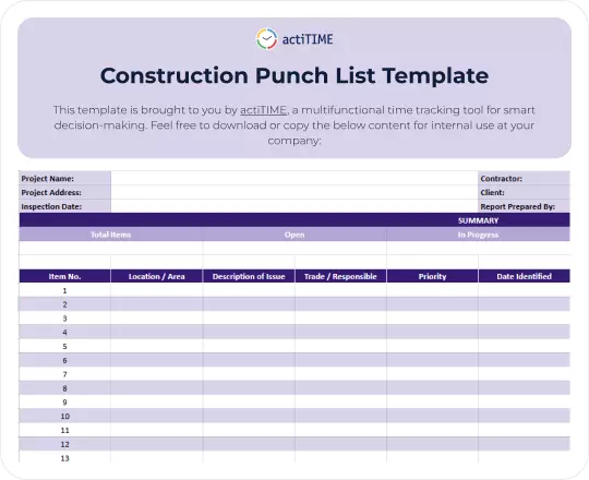 Free Construction Punch List Template preview