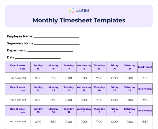Monthly Timesheet Templates preview