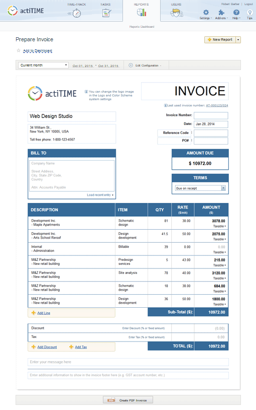 invoice export from actitime