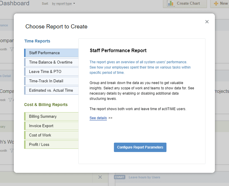 actiTIME Time Tracking Reports Section