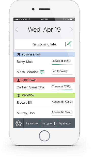 actiPLANS mobile app screenshot – overview of employee leave time by type