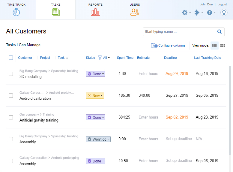 Set up deadlines and estimated for each task of your project in time tracking software actiTIME