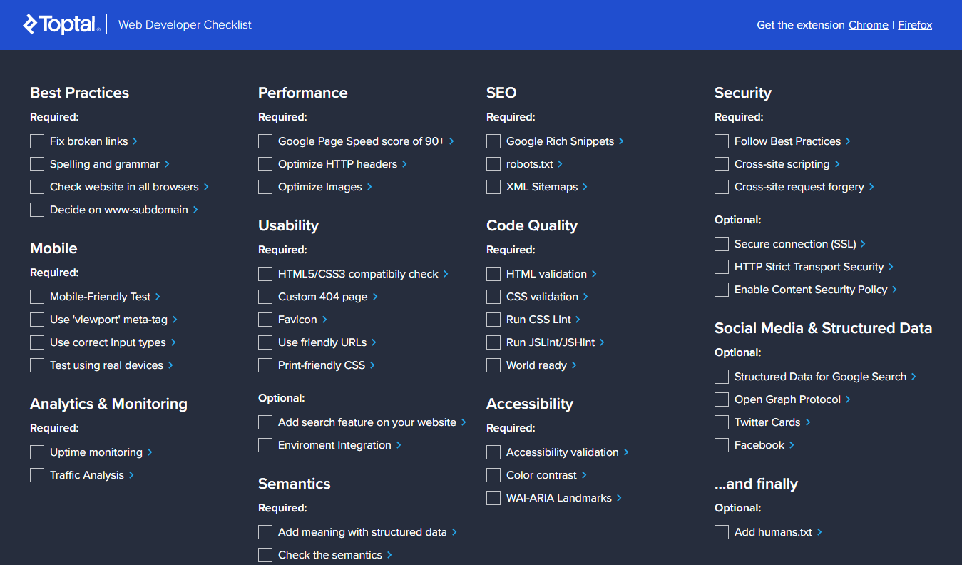 Web Developer Checklist Chrome Extension