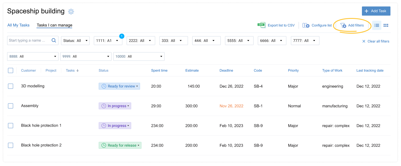 Filters for custom fields