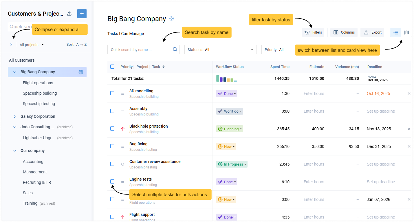 Actions that you can do with tasks in the List view.