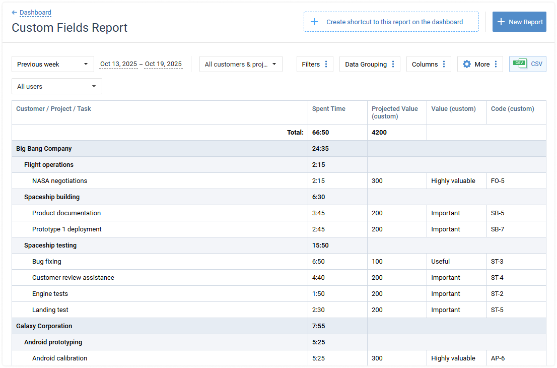 Custom Fields Report in actiTIME