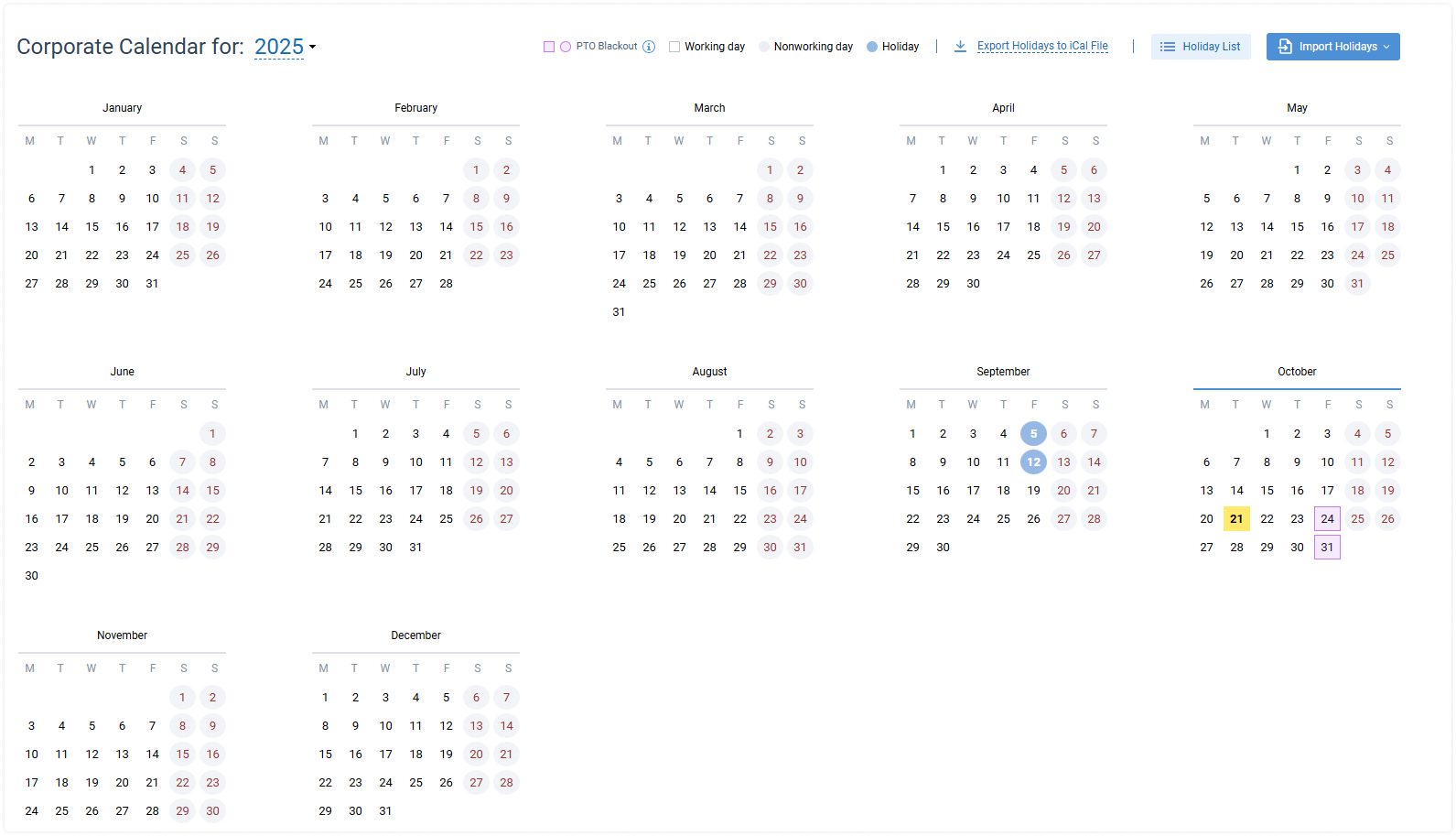 Corporate Calendar, actiTIME