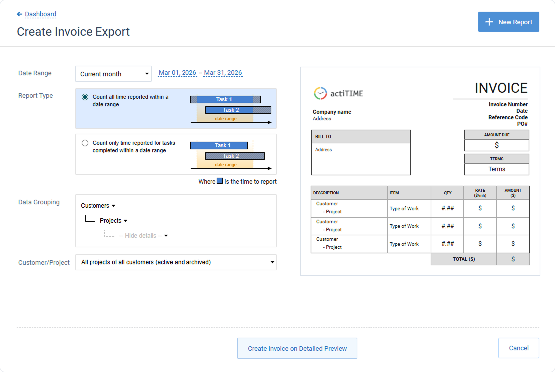 Invoice Export Parameters Form