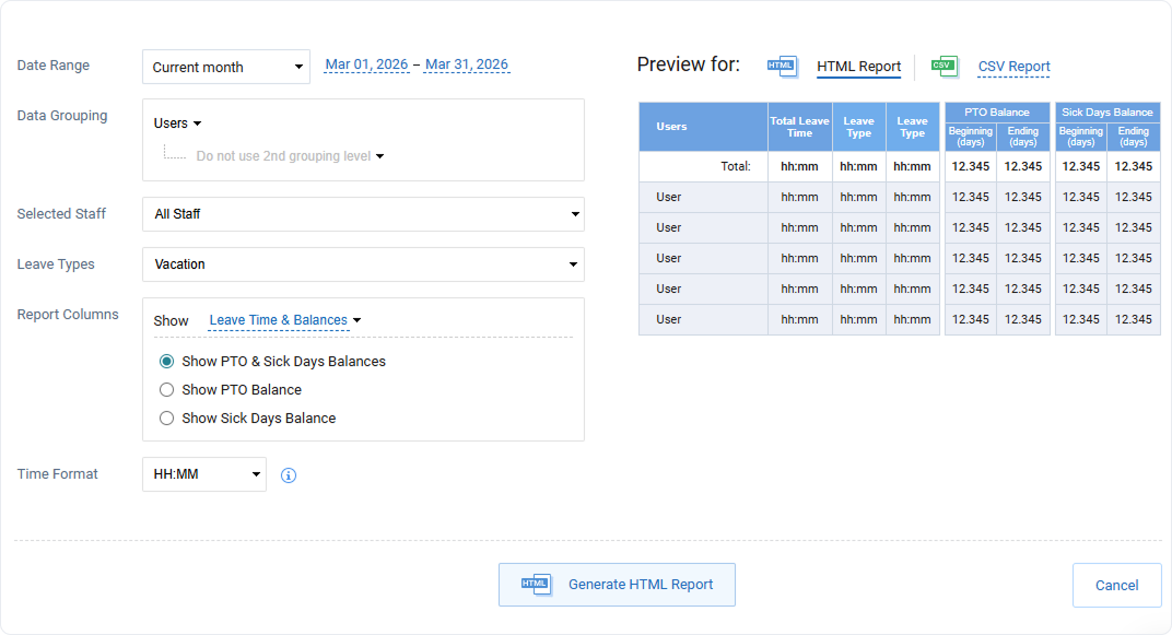 create leave time balances report