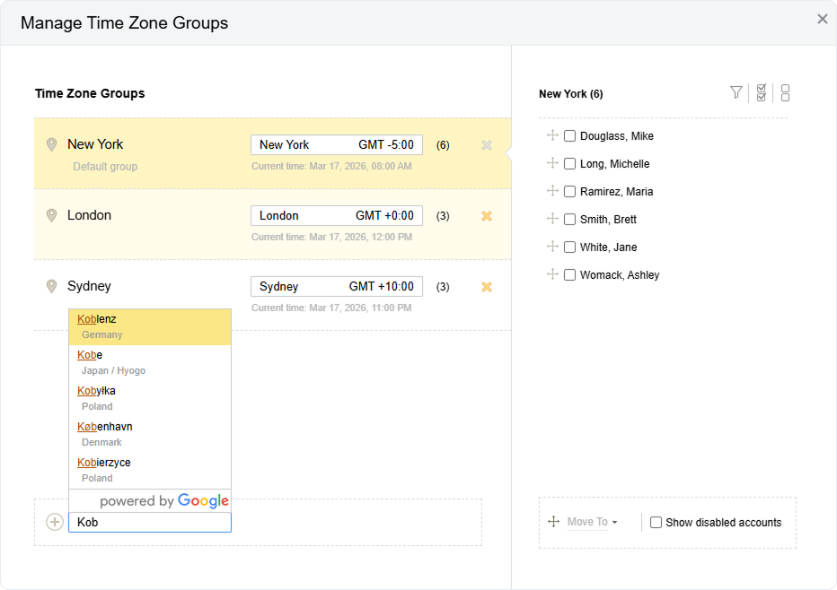 manage time zone groups search