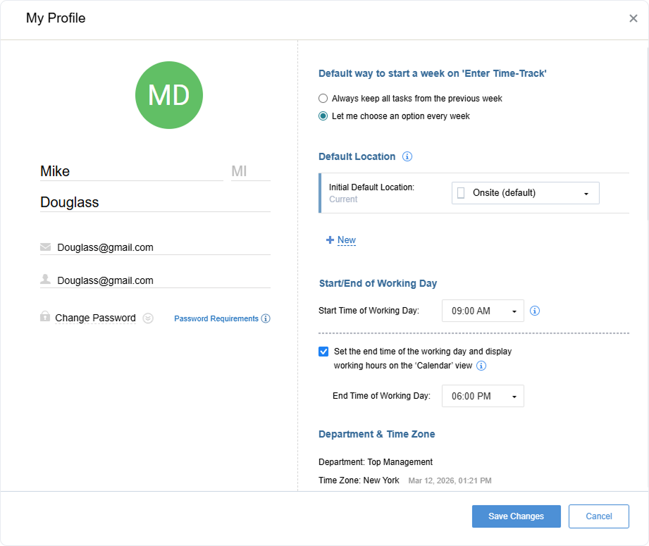 User account settings, actiTIME