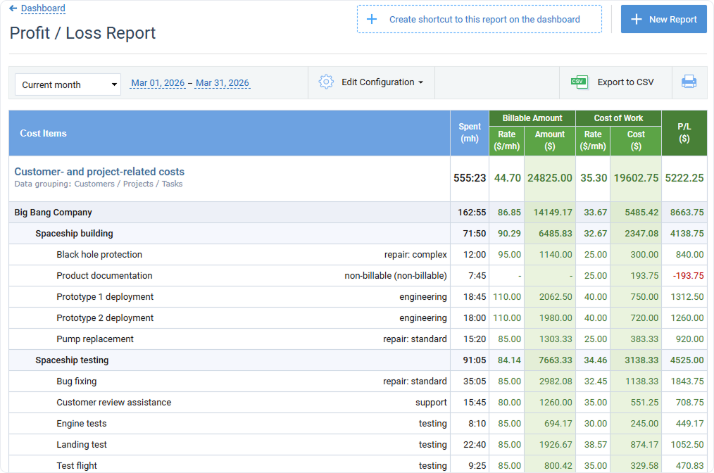 Example of a Profit / Loss Report, detailed form