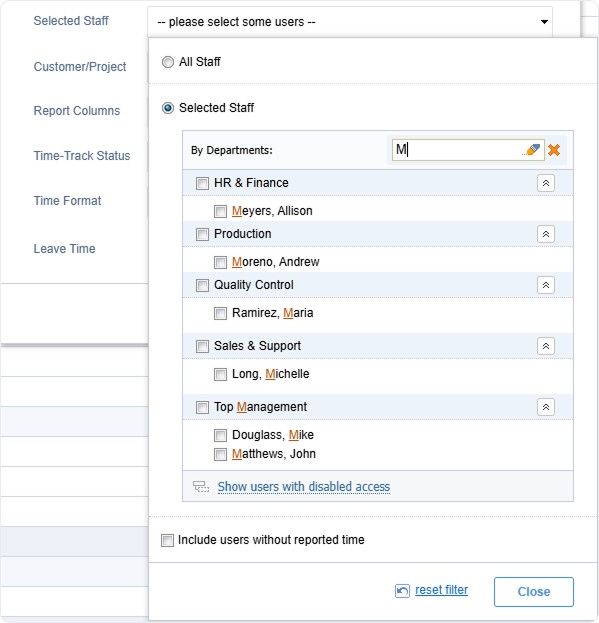 Searching users by name in the user selector