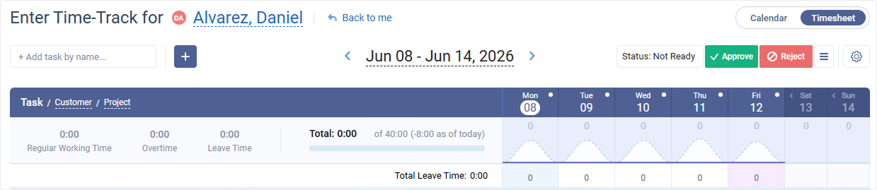 If you would like to see the approval history, click the bell icon next to Approve Time-Track.